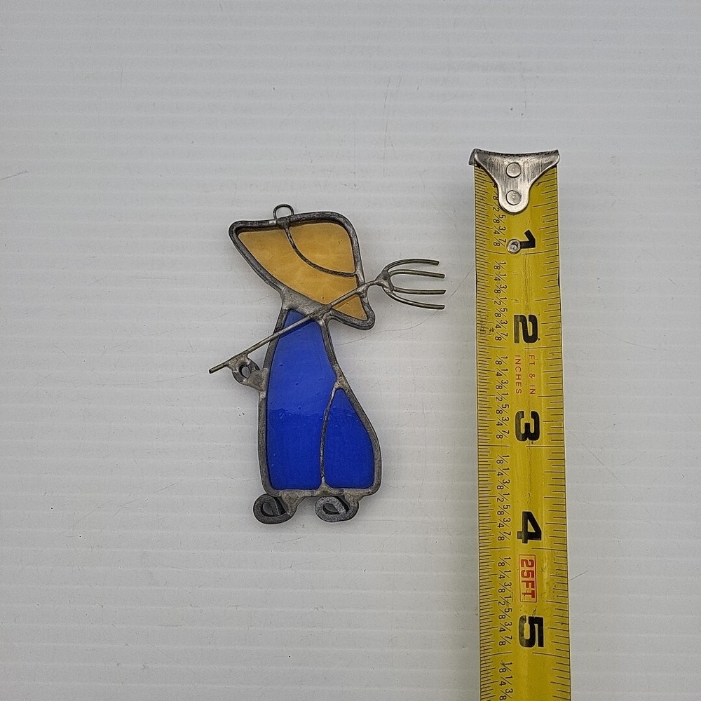 Vintage Stained Glass Suncatcher Farmer Pitchfork Blue Yellow Country Folk Art - Picture 2 of 3